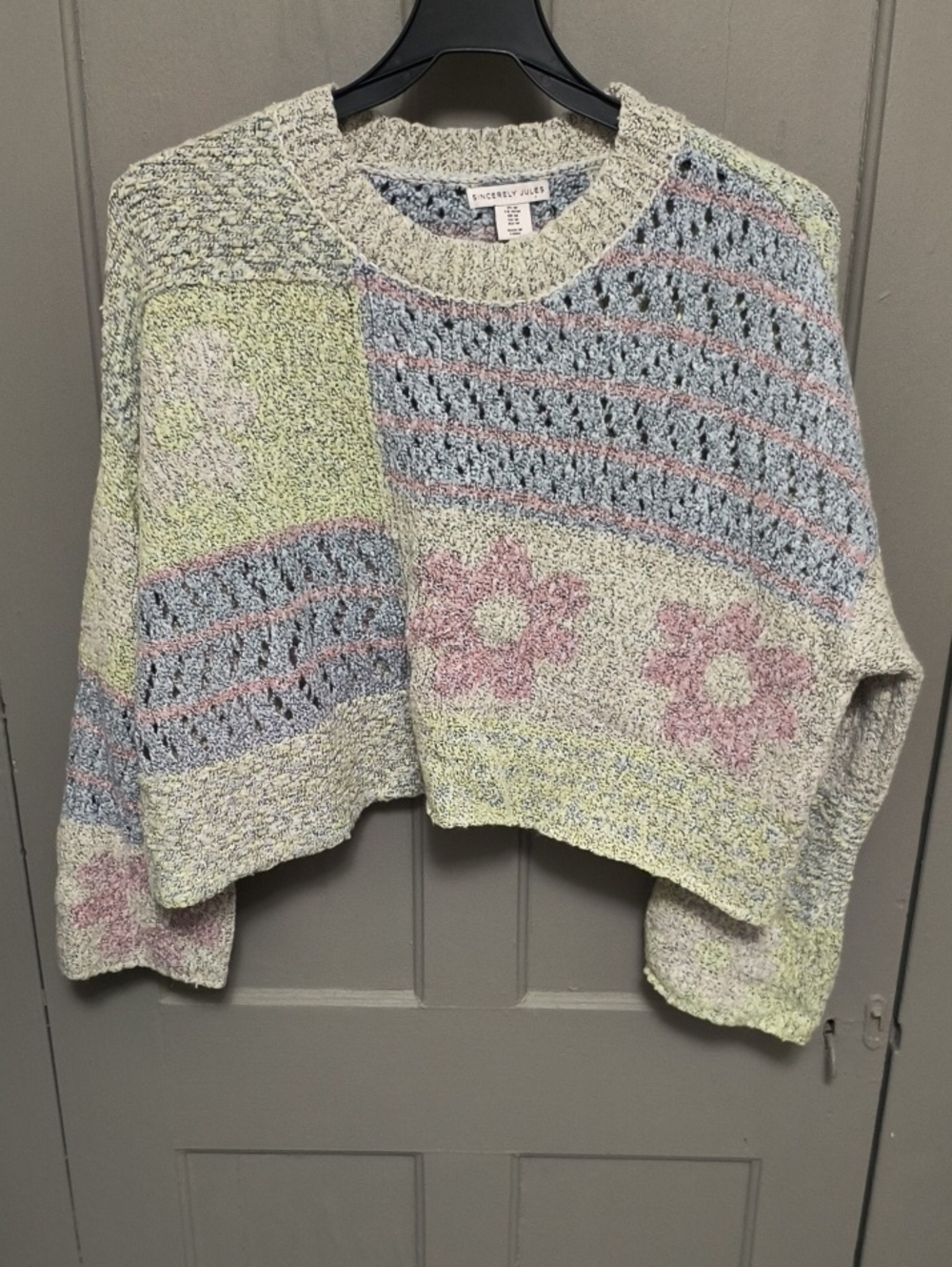 Sincerely Jules Pastel Patchwork Crewneck Sweater - Green, Blue, Pink, Cream